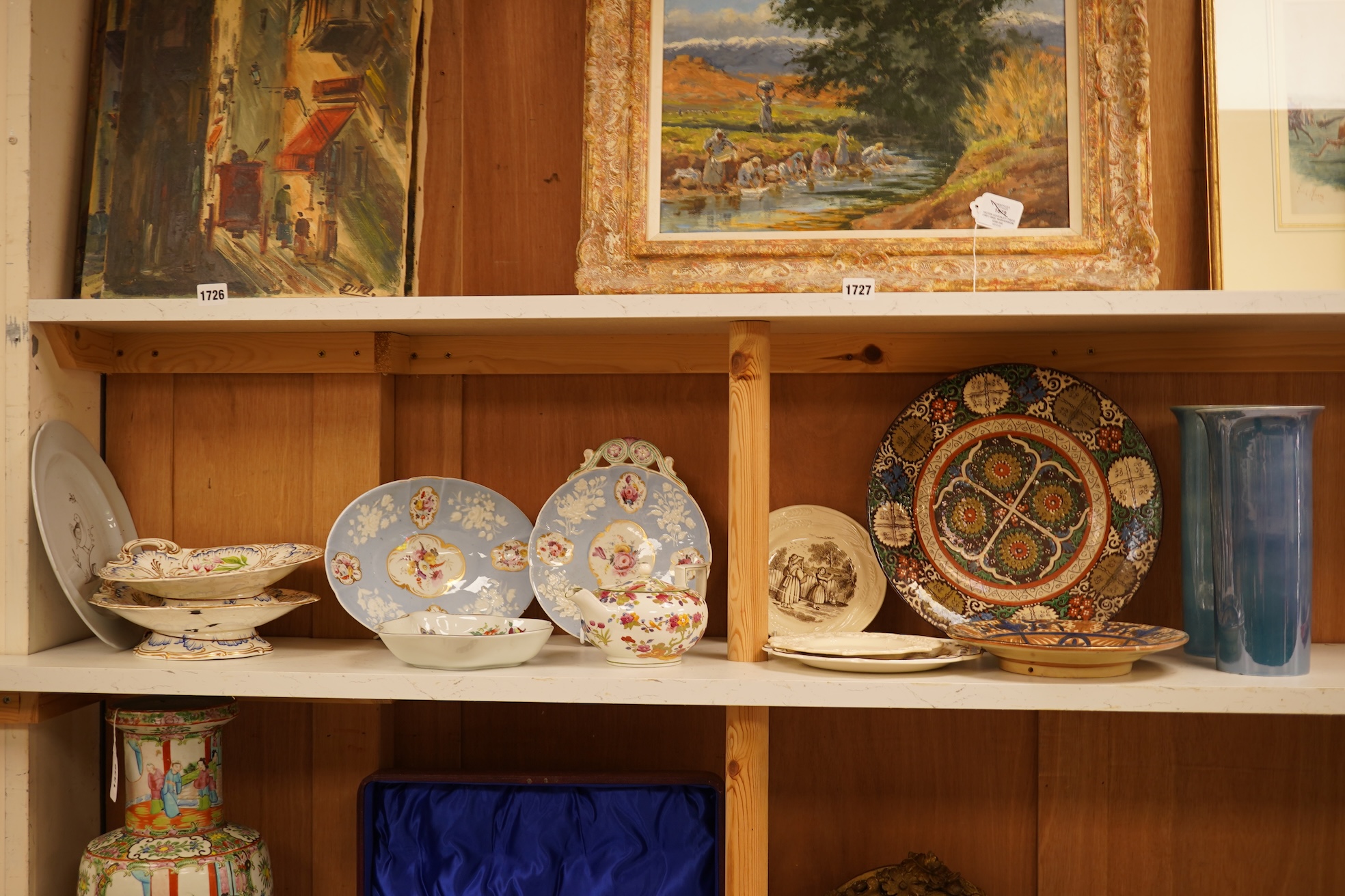 A quantity of 19th century and later plates, comports, vases etc. Tallest a pair of lustre Carltonware vases 26cm high